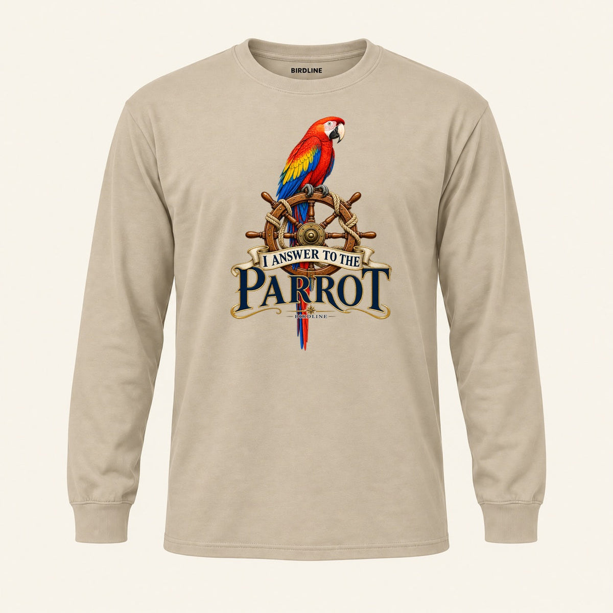 I Answer To The Parrot Long Sleeve Shirt in Sand, front view premium-quality garment detail