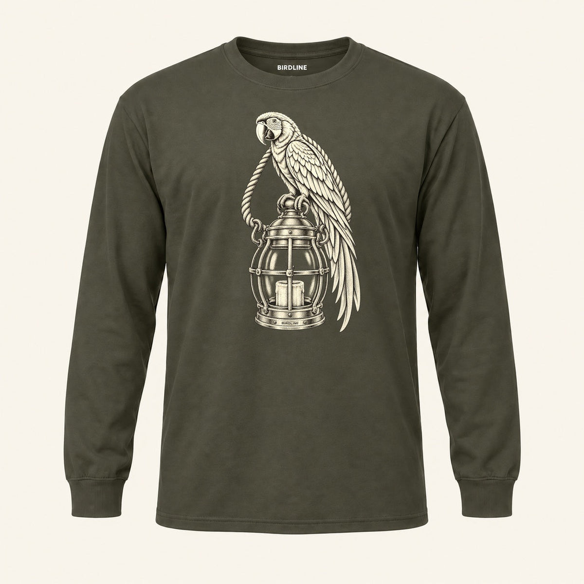 Lantern Watch Long Sleeve Shirt in Military Green, front view premium-quality garment detail