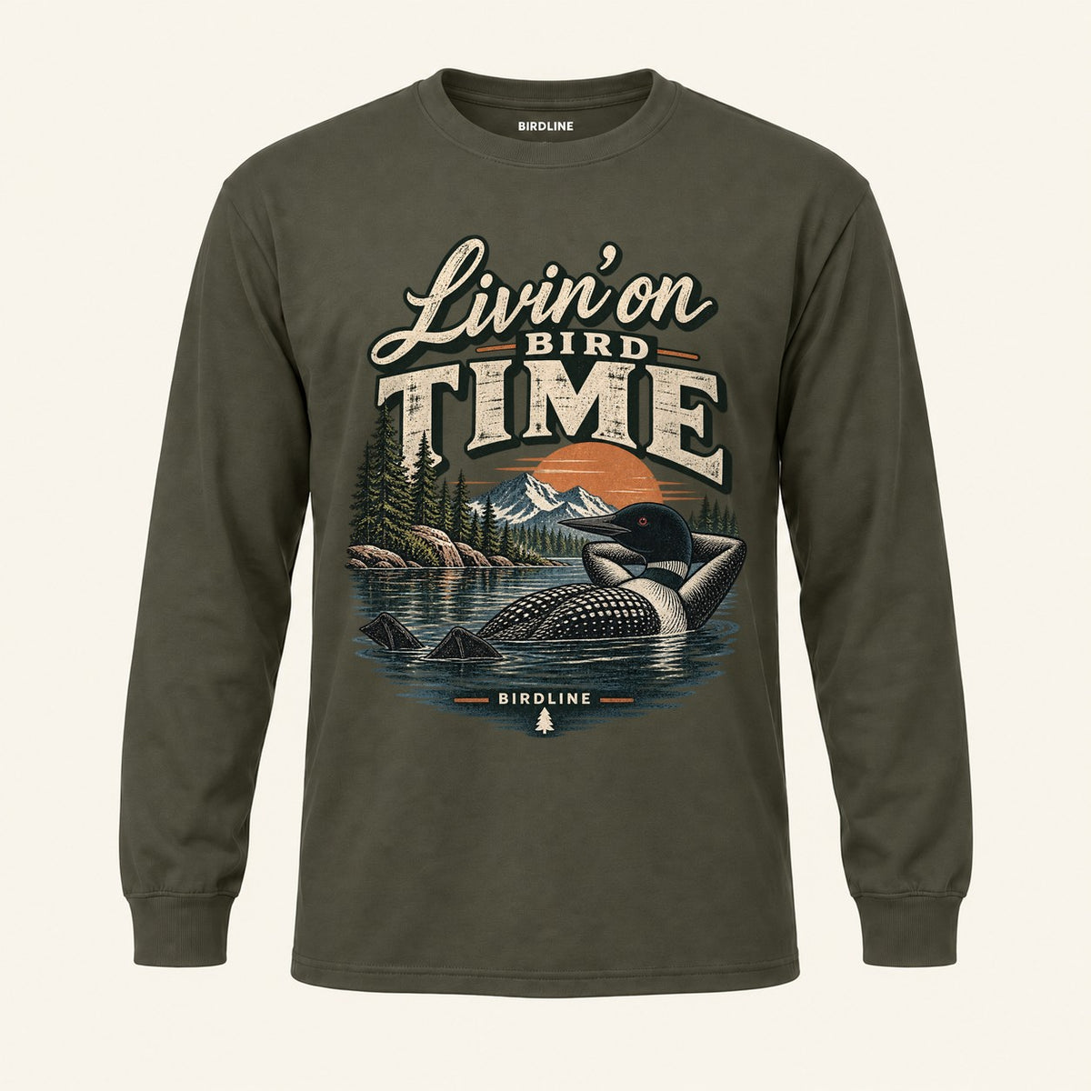 Livin On Bird Time Long Sleeve Shirt in Military Green, front view