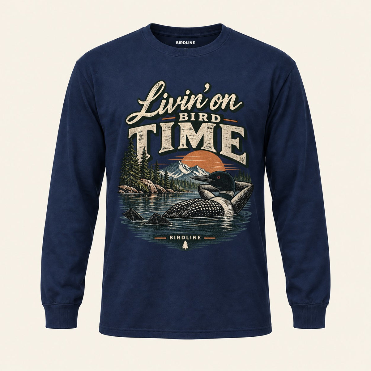 Livin On Bird Time Long Sleeve Shirt in Navy, front view