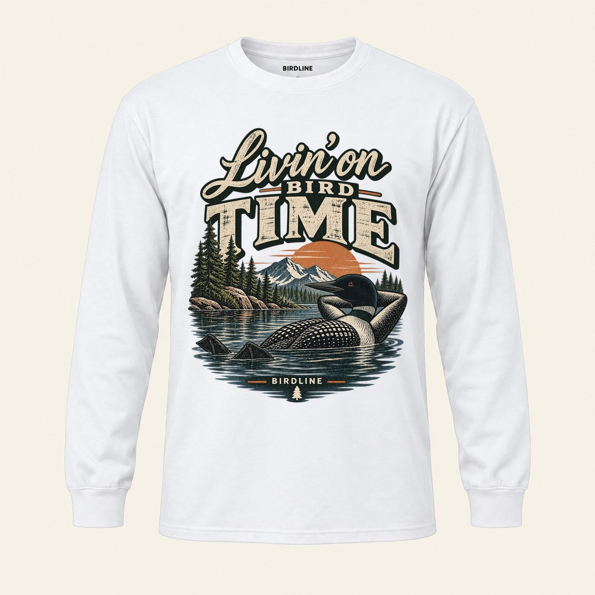 Livin On Bird Time Long Sleeve Shirt in White, front view