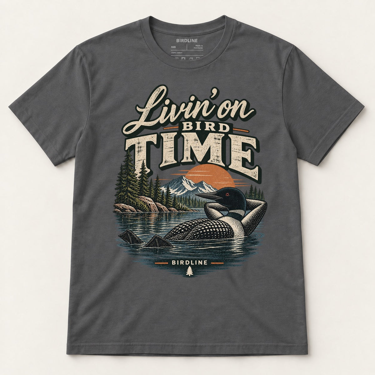 Livin On Bird Time T-Shirt in Charcoal, front view