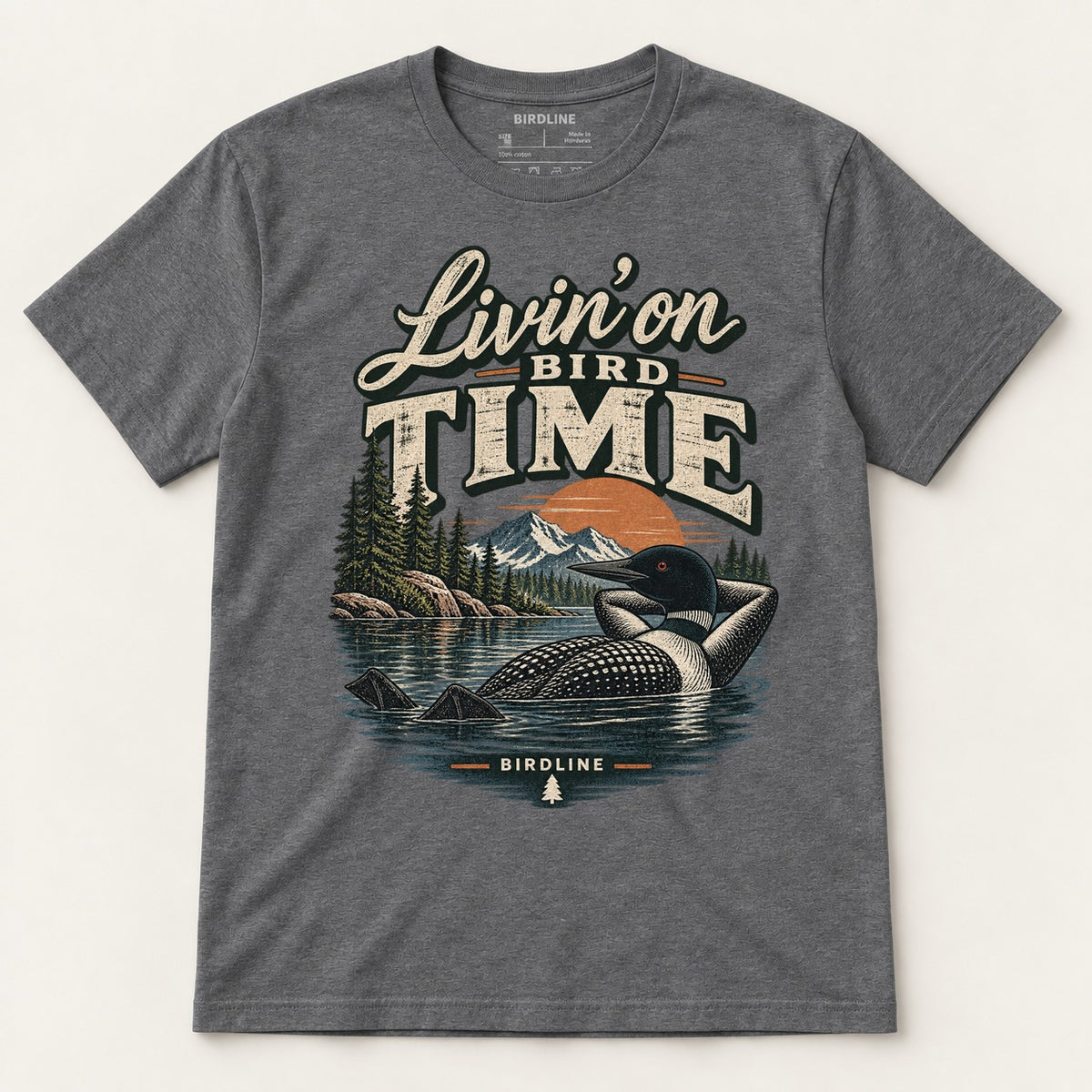 Livin On Bird Time T-Shirt in Dark Heather, front view