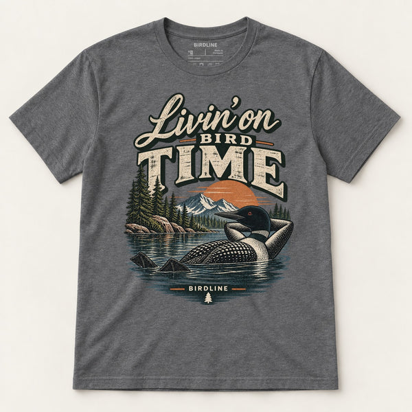 Livin On Bird Time T-Shirt in Dark Heather, front view
