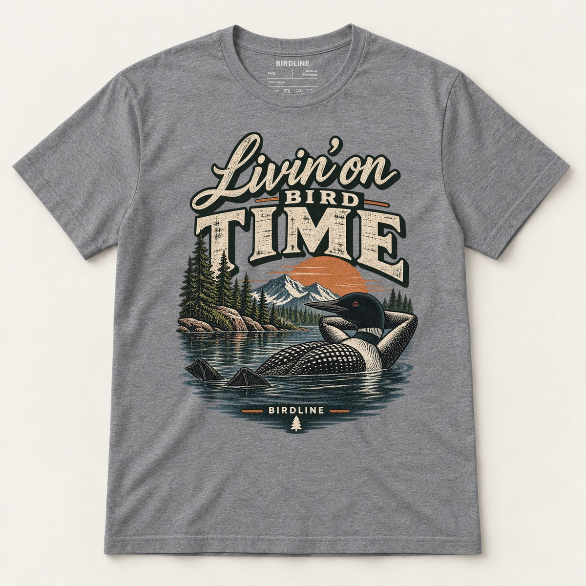 Livin On Bird Time T-Shirt in Graphite Heather, front view