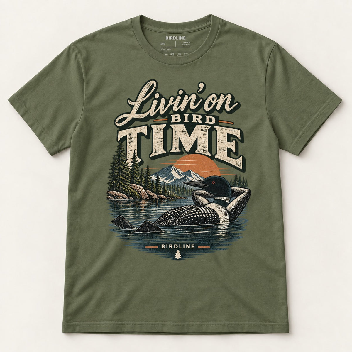 Livin On Bird Time T-Shirt in Military Green, front view
