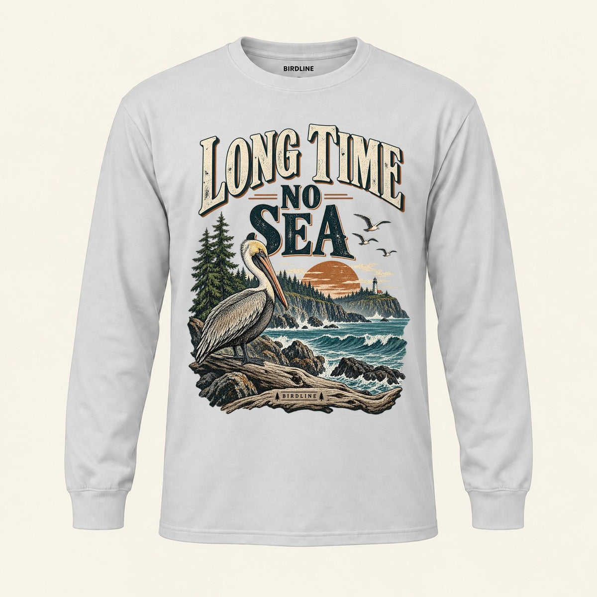 Long Time No Sea Long Sleeve Shirt in Ash, front view premium-quality garment detail