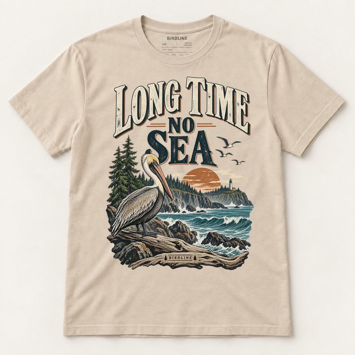 Long Time No Sea T-Shirt in Sand, front view premium-quality garment detail