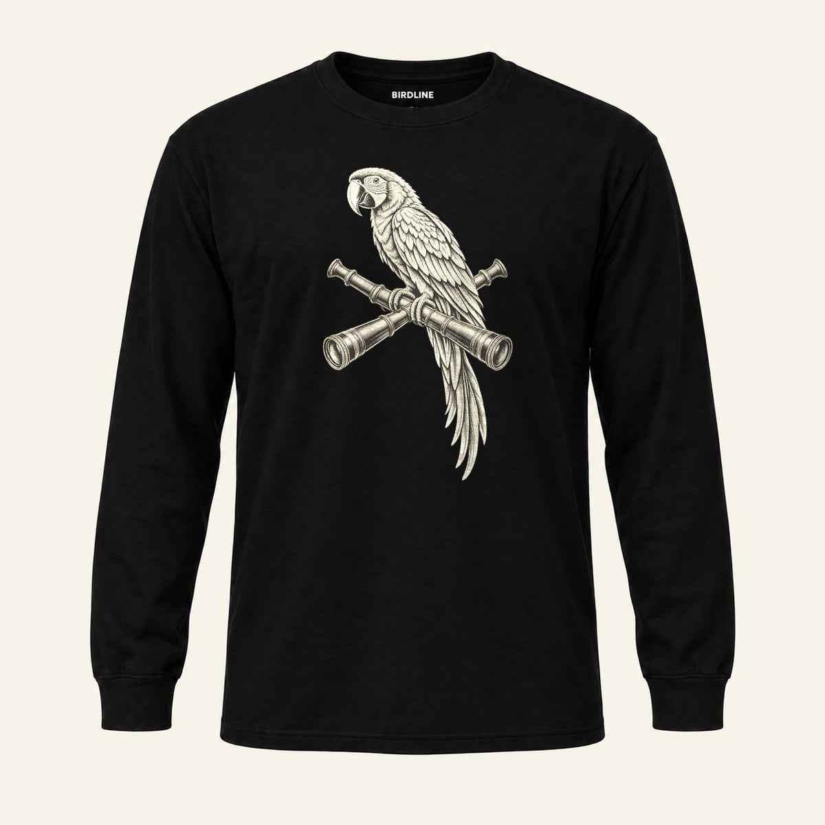 Lookout Macaw Long Sleeve Shirt in Black, front view