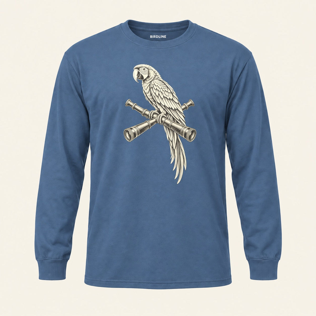 Lookout Macaw Long Sleeve Shirt in Indigo Blue, front view