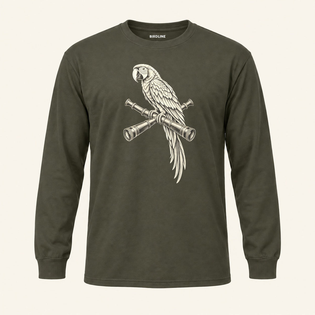 Lookout Macaw Long Sleeve Shirt in Military Green, front view