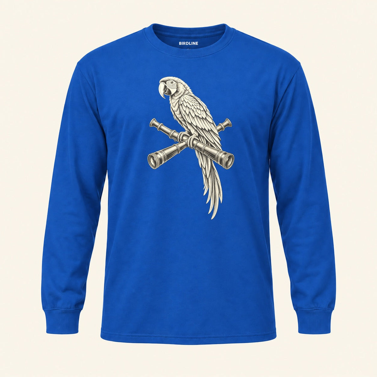 Lookout Macaw Long Sleeve Shirt in Royal, front view premium-quality garment detail