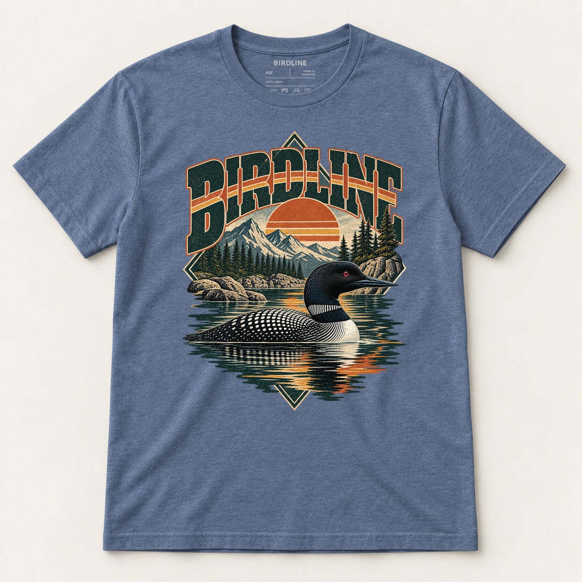 Birdline Loon Lake T-Shirt in Heather Indigo, front view
