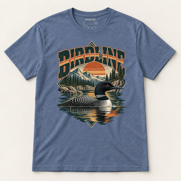 Birdline Loon Lake T-Shirt in Heather Indigo, front view