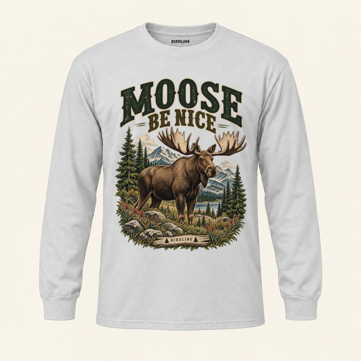 Moose Be Nice Long Sleeve Shirt in Ash, front view