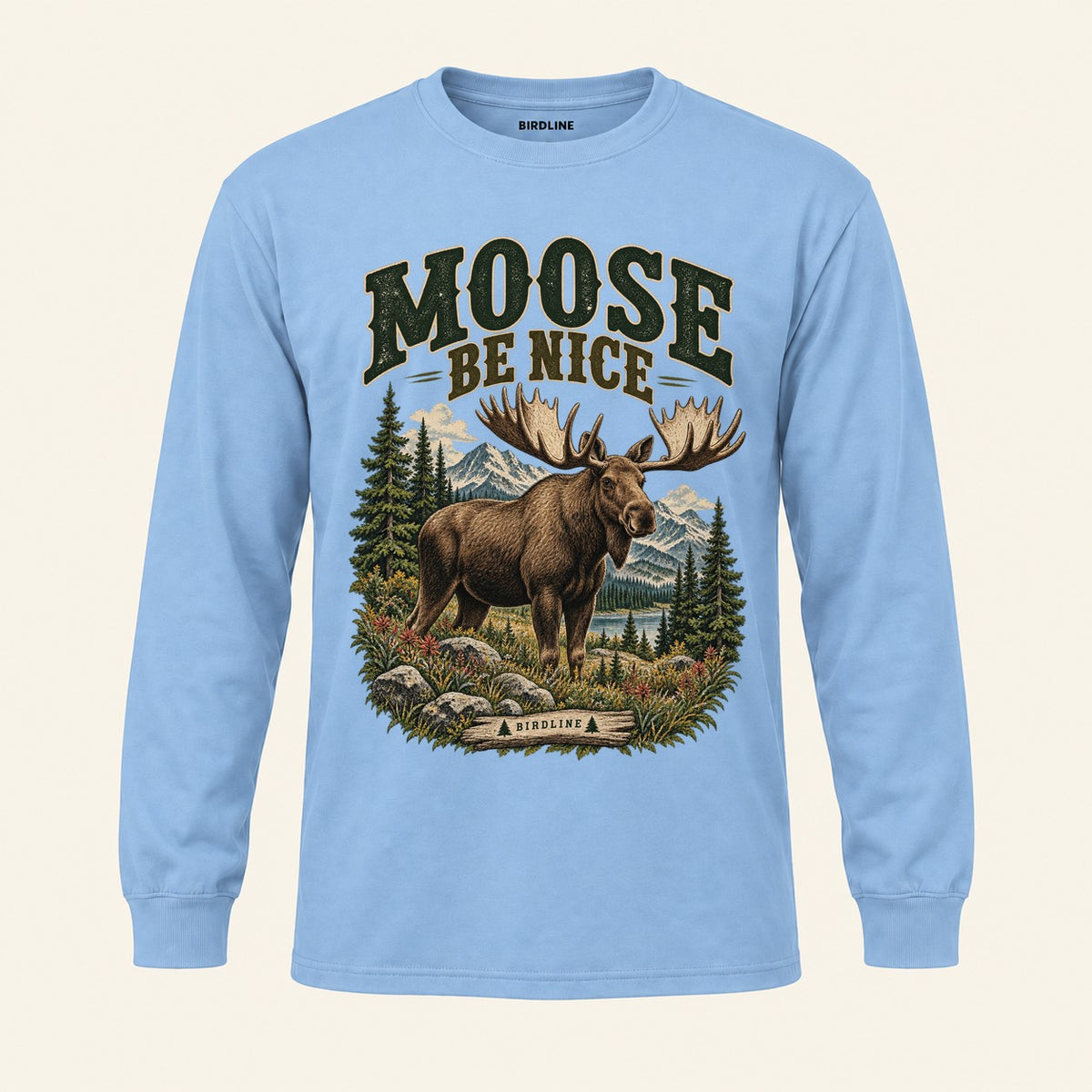 Moose Be Nice Long Sleeve Shirt in Light Blue, front view