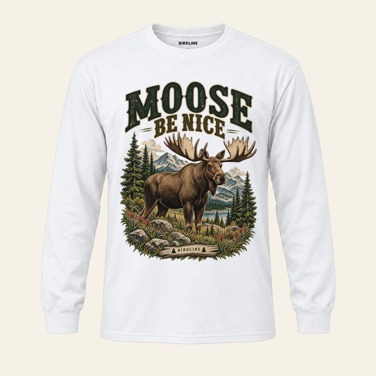 Moose Be Nice Long Sleeve Shirt in White, front view