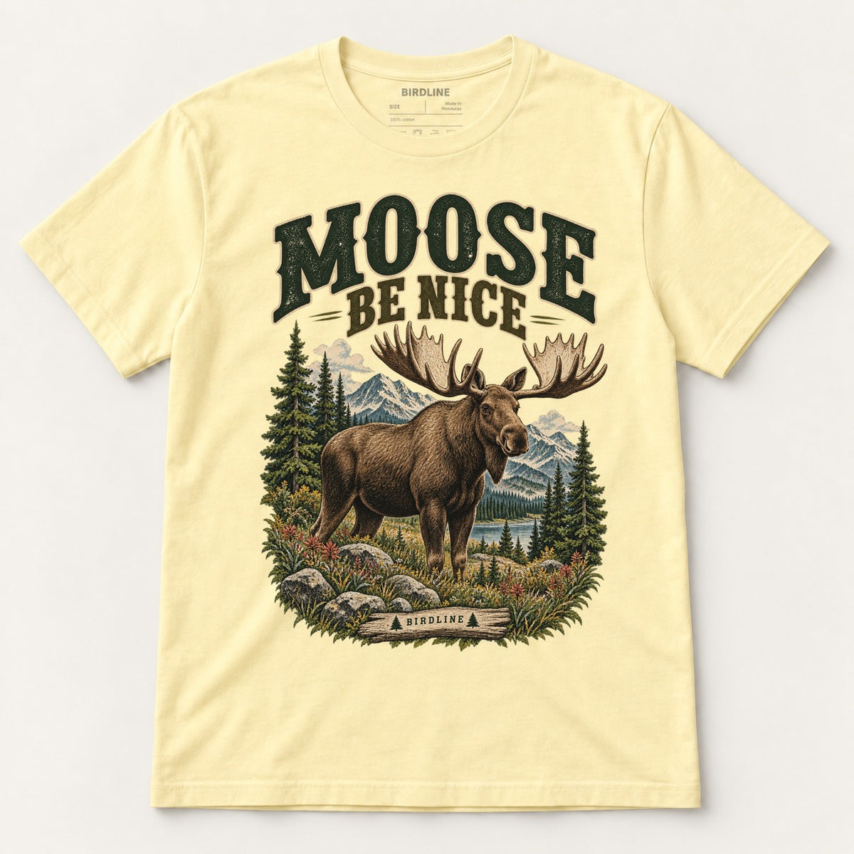 Moose Be Nice T-Shirt in Cornsilk, front view