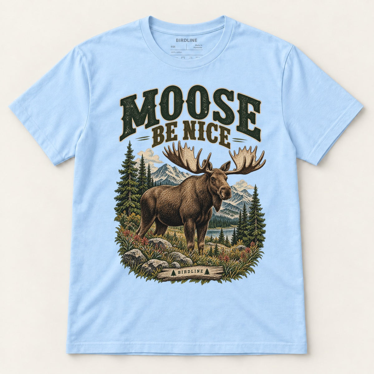 Moose Be Nice T-Shirt in Light Blue, front view