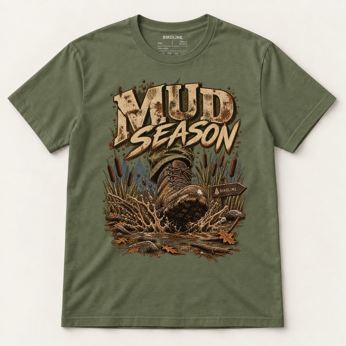 Mud Season T-Shirt in Military Green, front view premium-quality garment detail