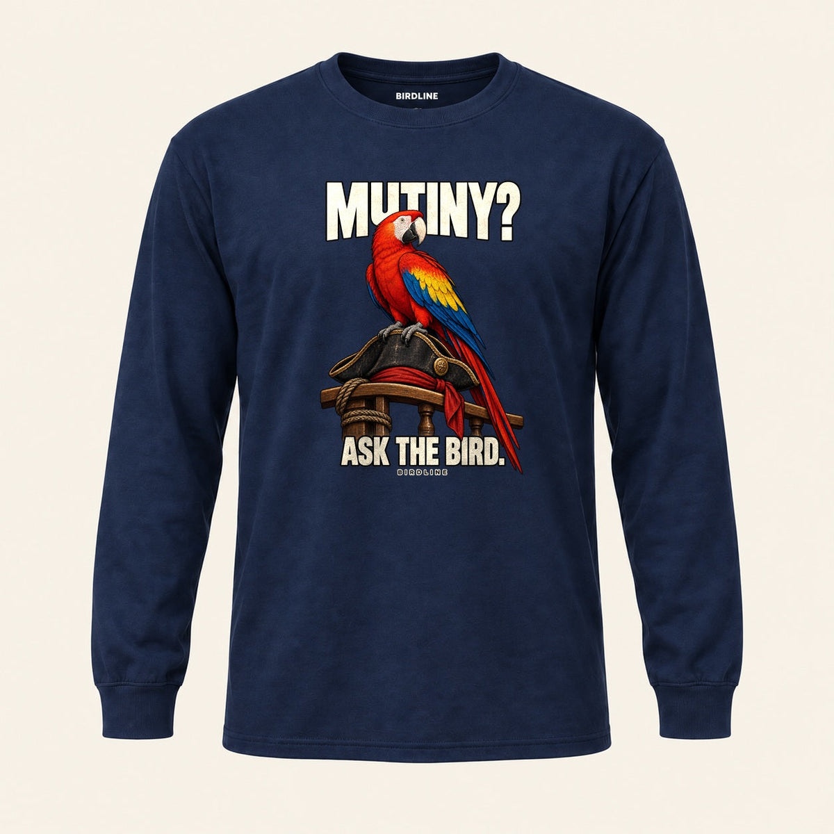 Mutiny? Ask The Bird Long Sleeve Shirt in Navy, front view