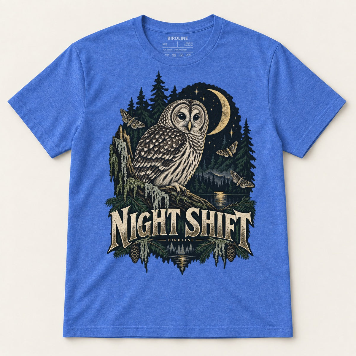 Night Shift T-Shirt in Heather Royal, front view premium-quality garment detail