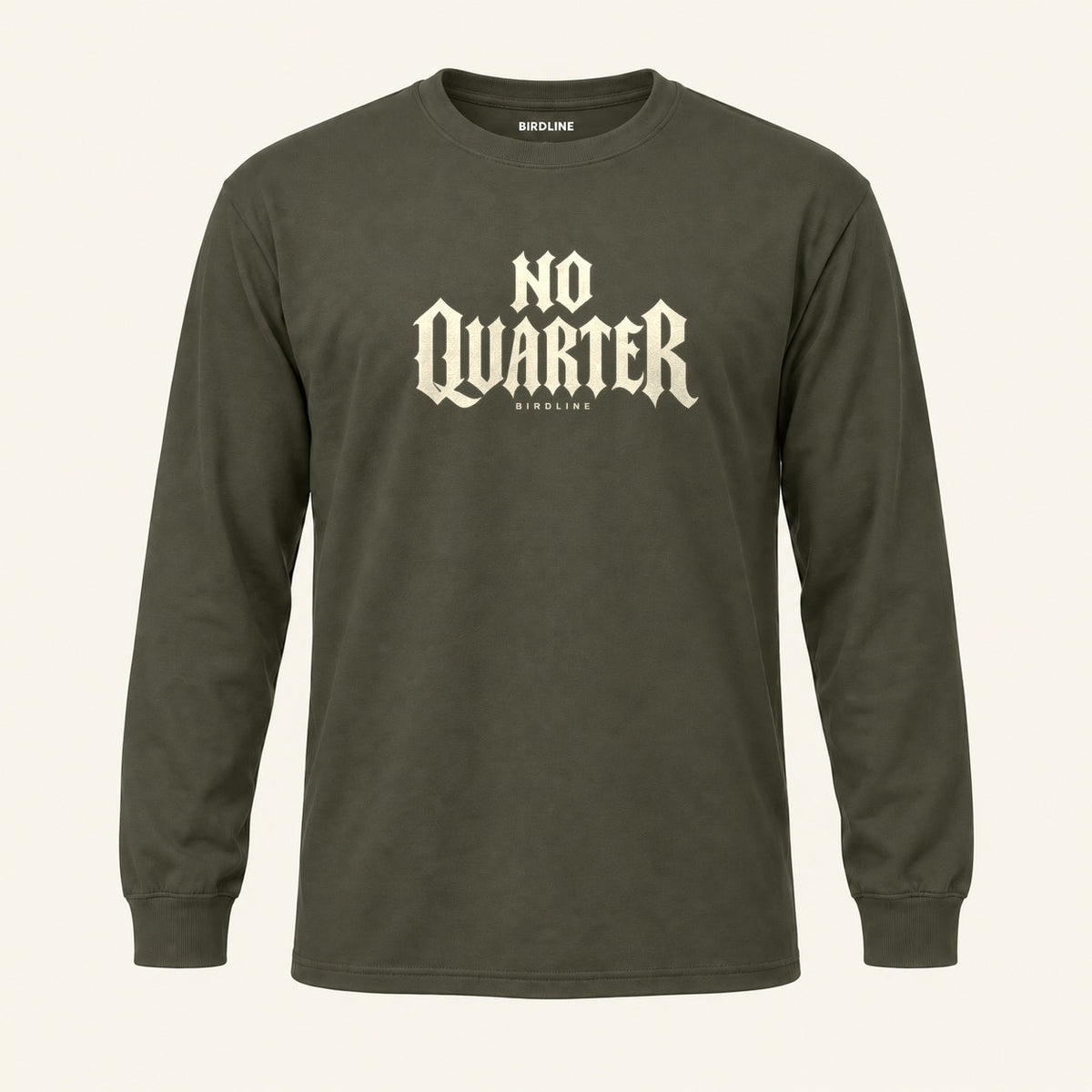 No Quarter Long Sleeve Shirt in Military Green, front view premium-quality garment detail