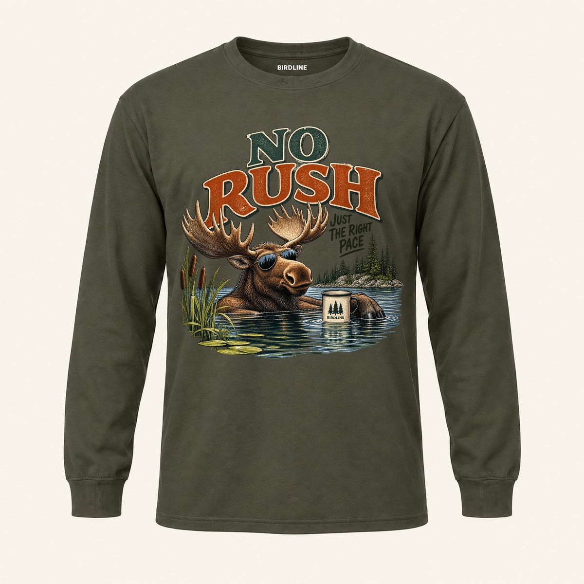 No Rush Just the Right Pace Long Sleeve Shirt in Military Green, front view