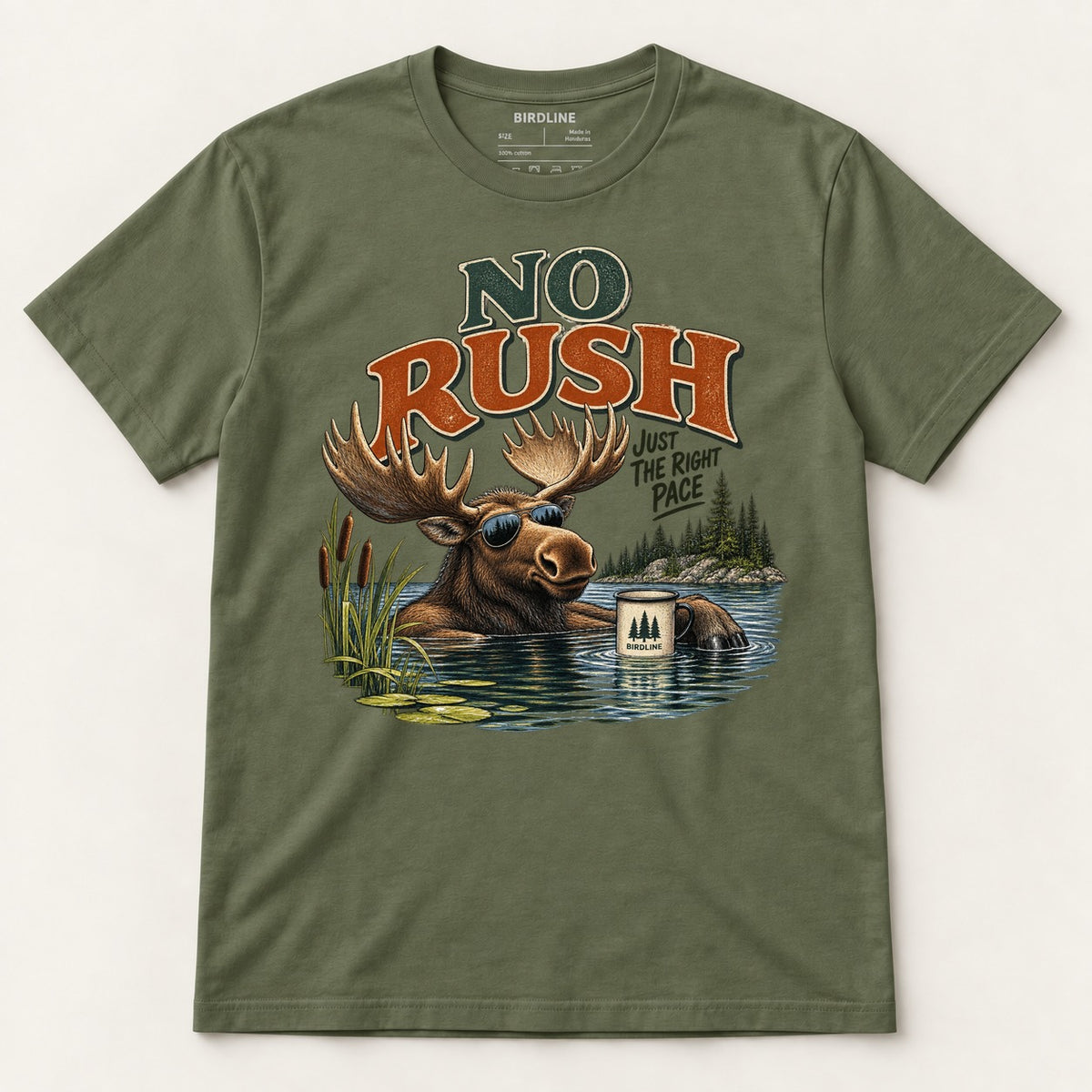 No Rush Just the Right Pace T-Shirt in Military Green, front view