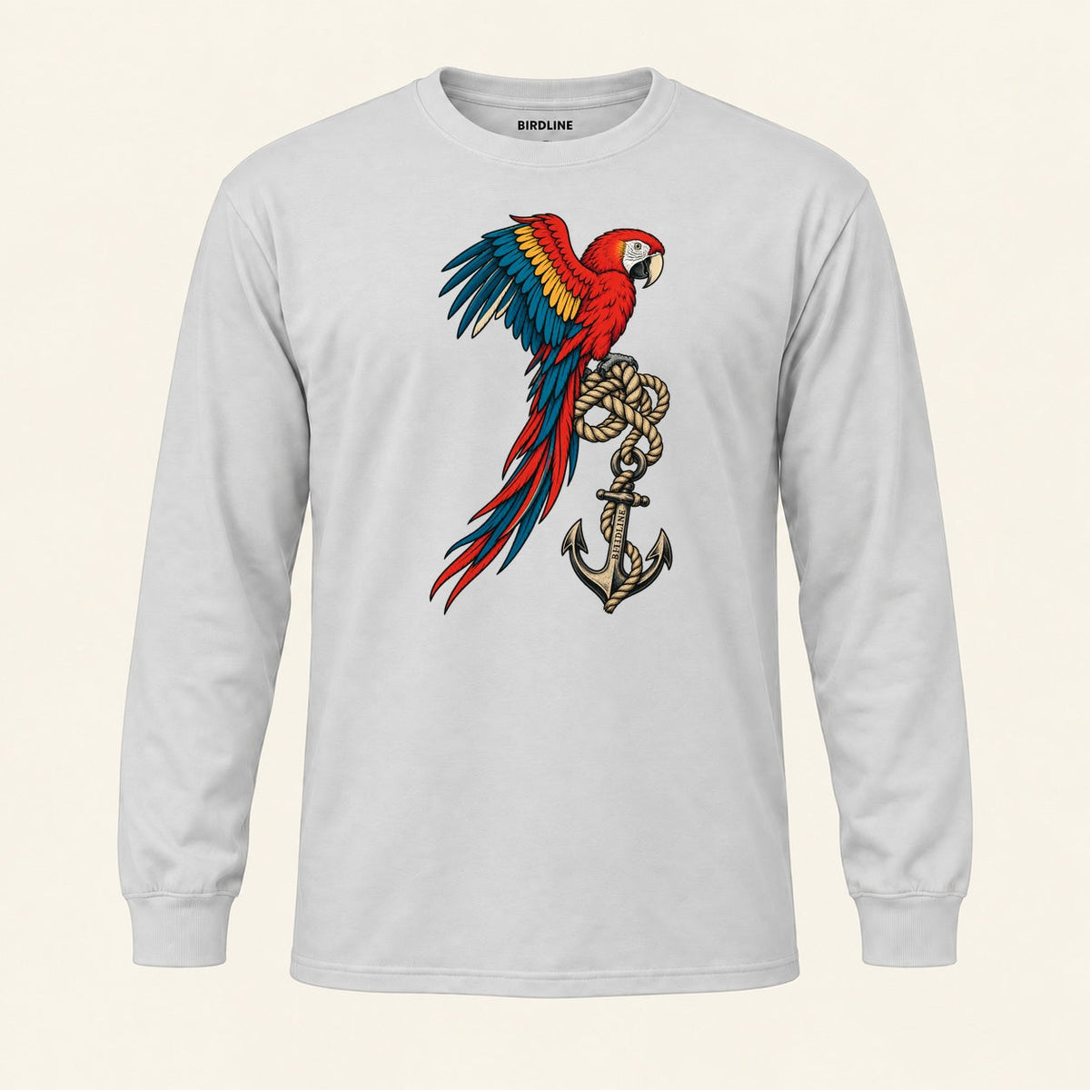 Old Salt Macaw Long Sleeve Shirt in Ash, front view