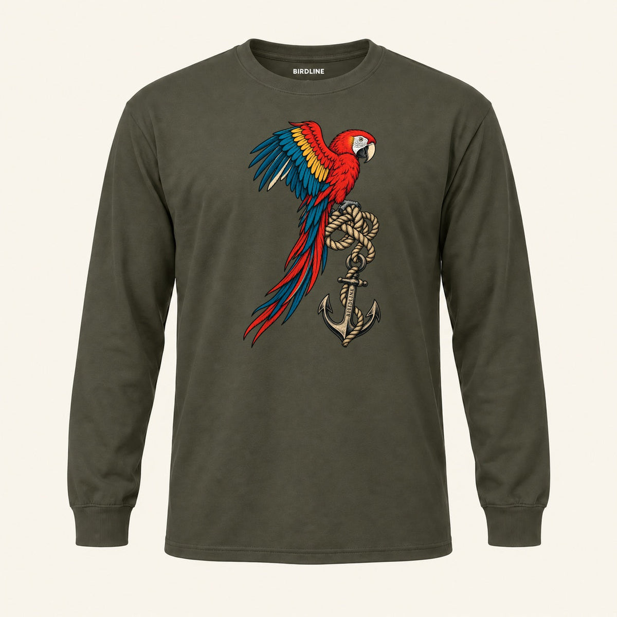 Old Salt Macaw Long Sleeve Shirt in Military Green, front view