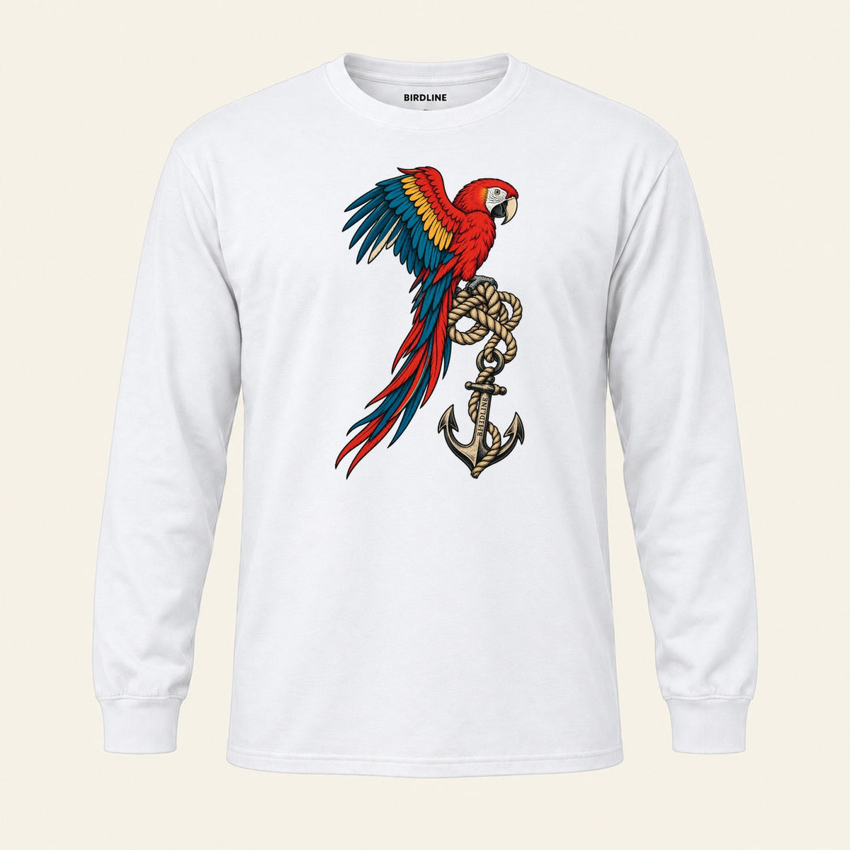 Old Salt Macaw Long Sleeve Shirt in White, front view premium-quality garment detail