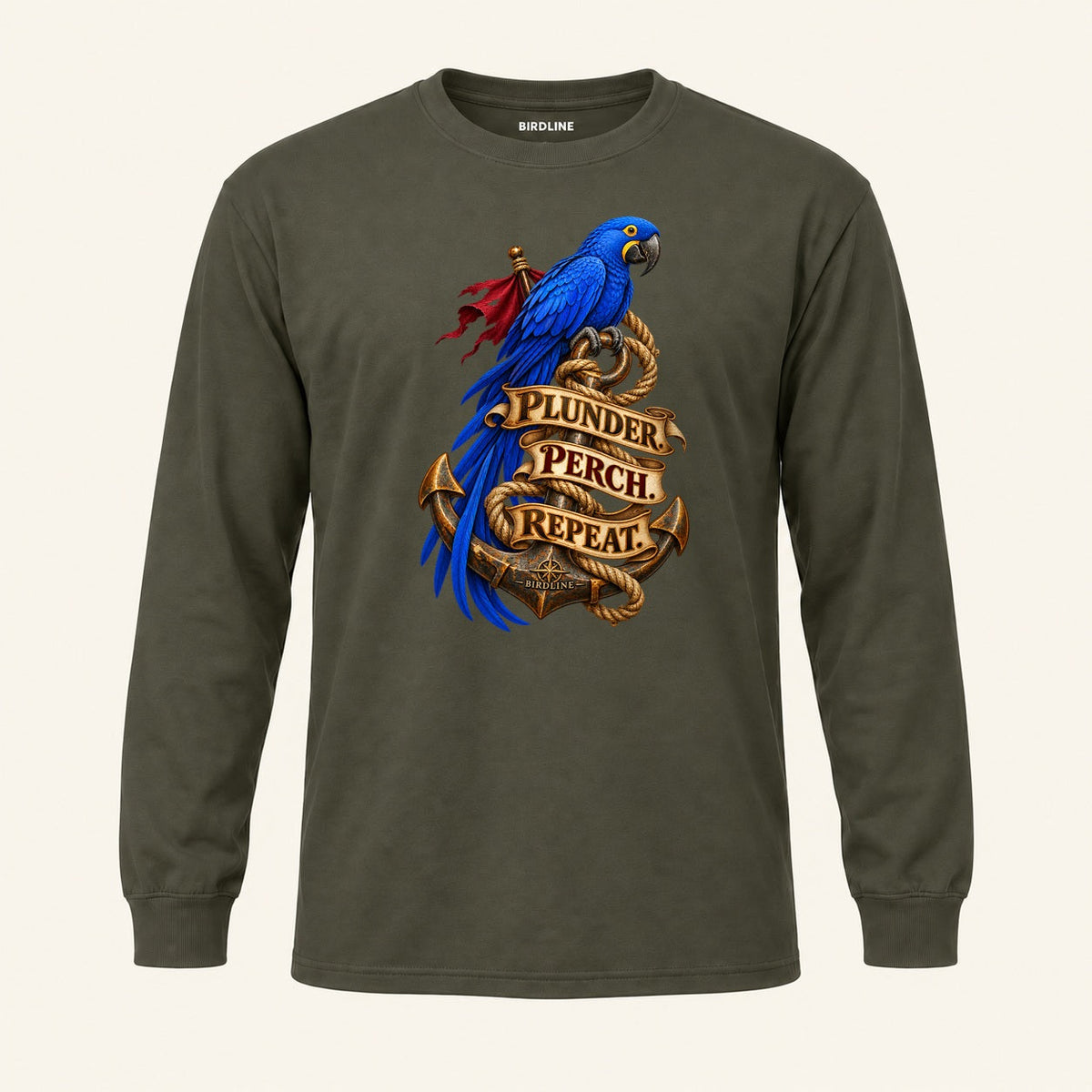 Plunder Perch Repeat Long Sleeve Shirt in Military Green, front view