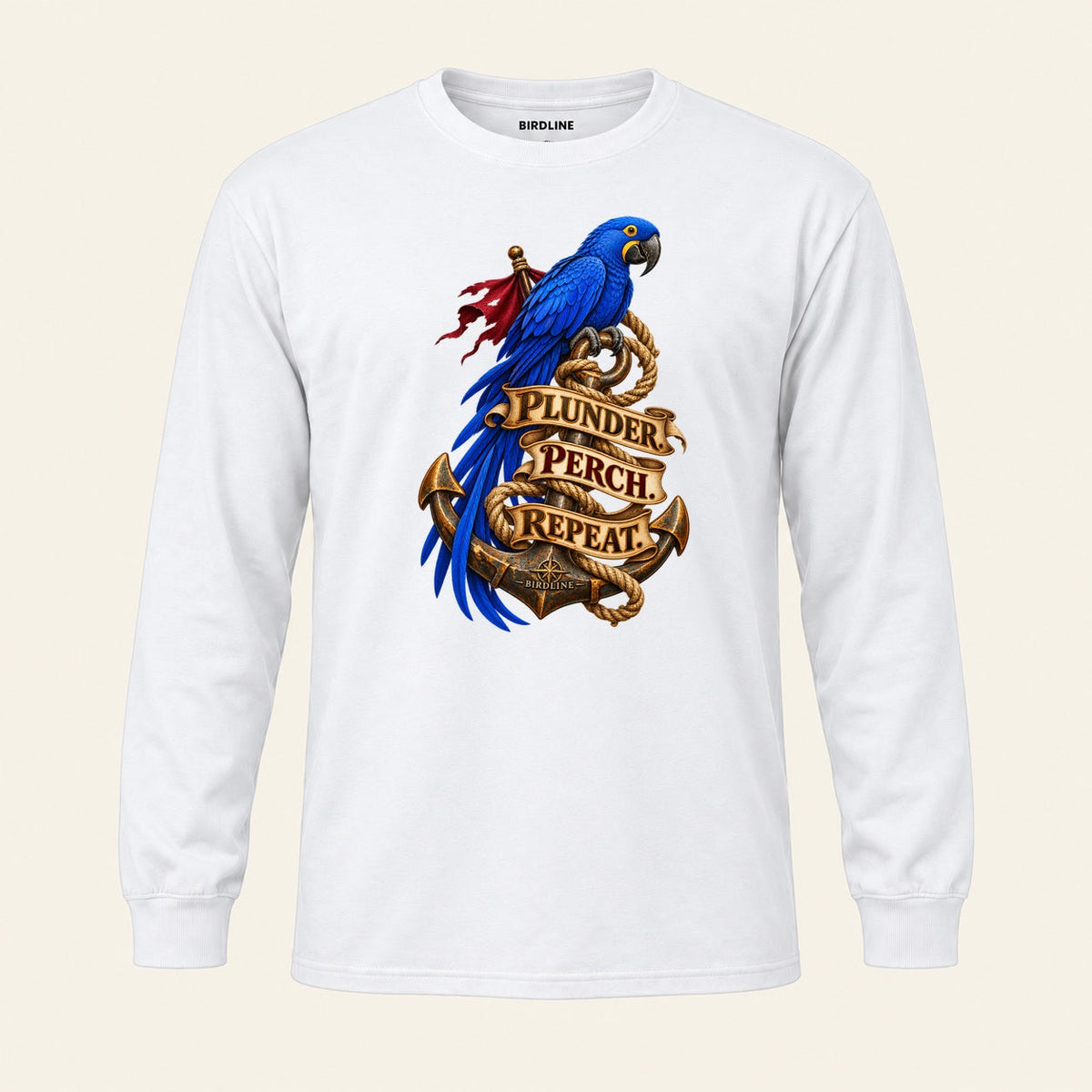Plunder Perch Repeat Long Sleeve Shirt in White, front view