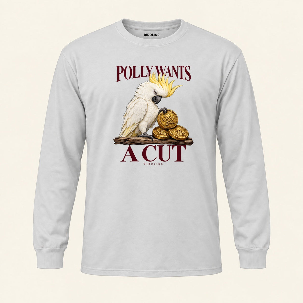 Polly Wants A Cut Long Sleeve Shirt in Ash, front view premium-quality garment detail
