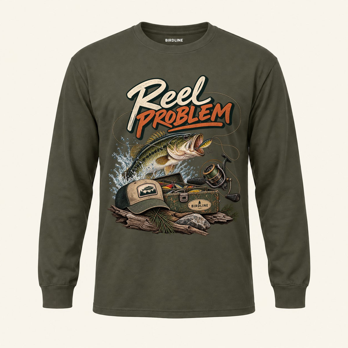 Reel Problem Long Sleeve Shirt in Military Green, front view