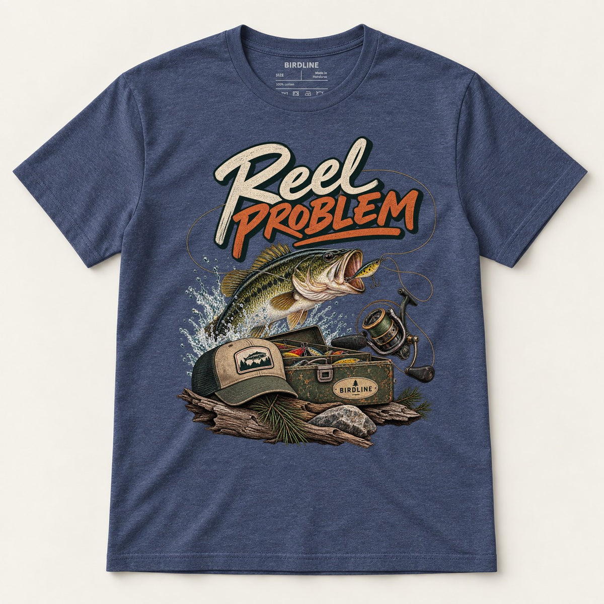 Reel Problem T-Shirt in Heather Navy, front view