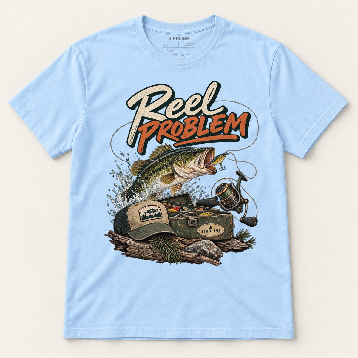 Reel Problem T-Shirt in Light Blue, front view