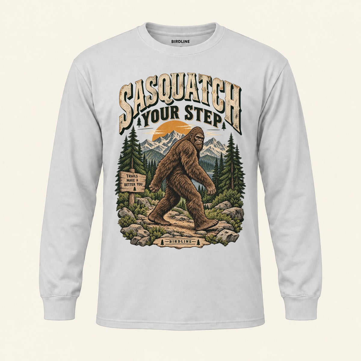 Sasquatch Your Step Long Sleeve Shirt in Ash, front view