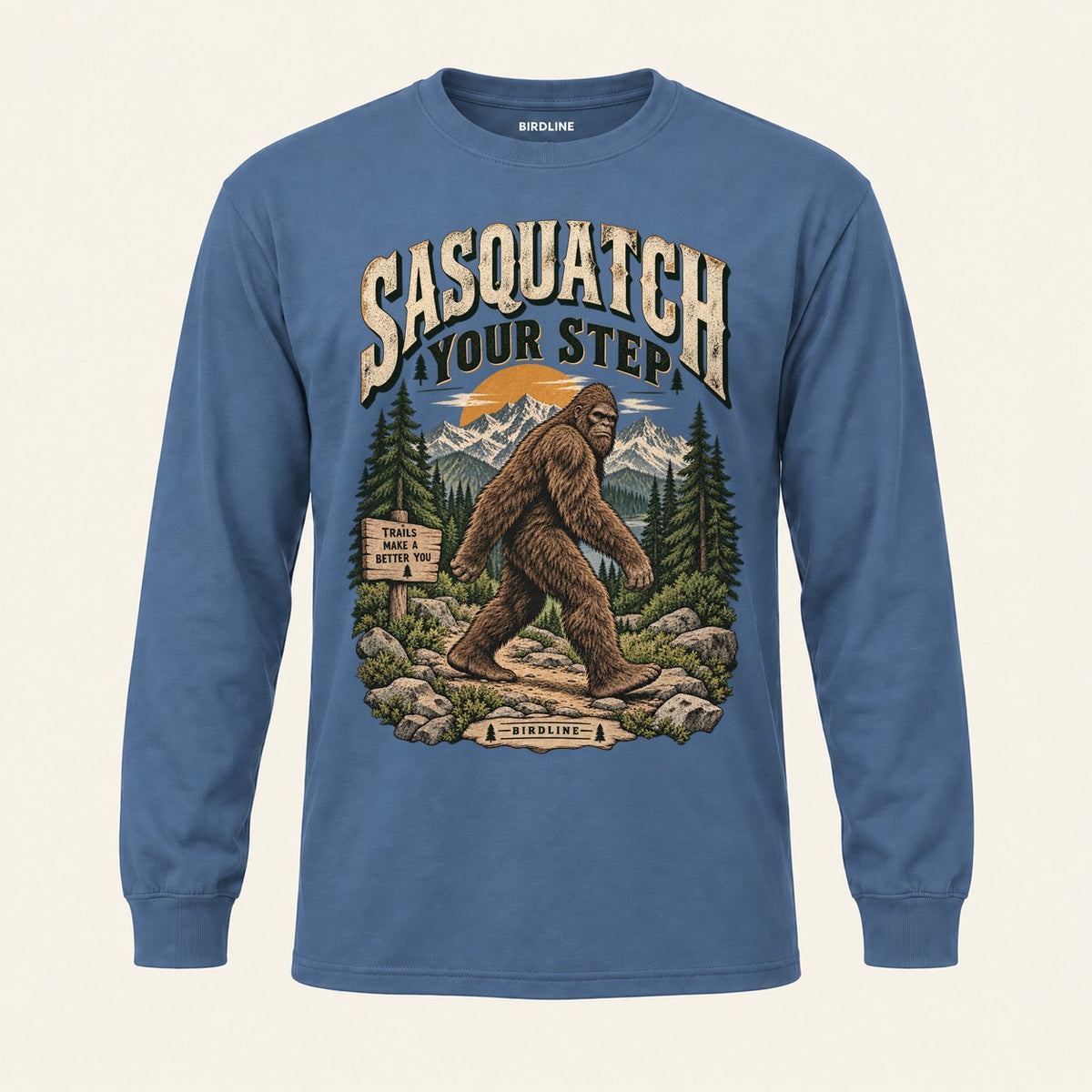 Sasquatch Your Step Long Sleeve Shirt in Indigo Blue, front view