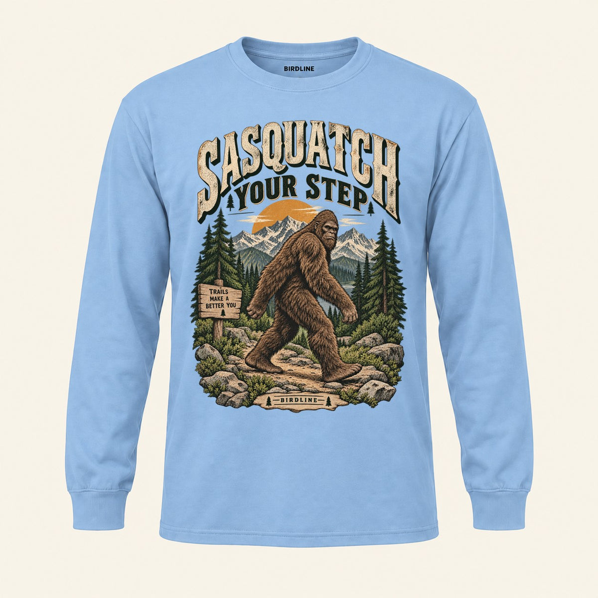 Sasquatch Your Step Long Sleeve Shirt in Light Blue, front view