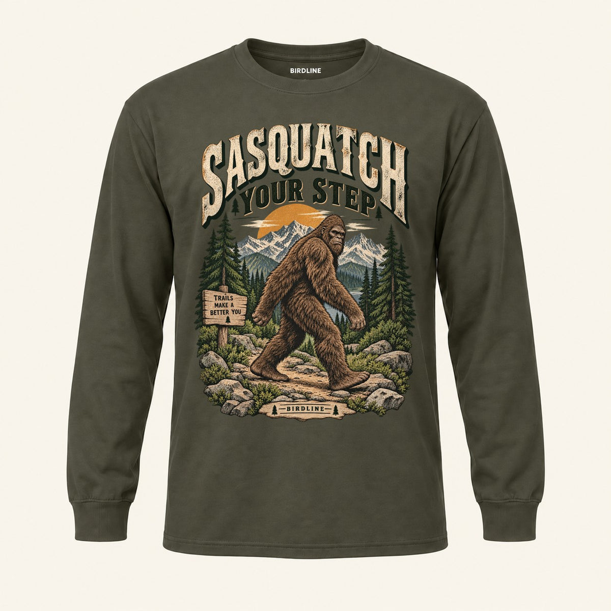 Sasquatch Your Step Long Sleeve Shirt in Military Green, front view