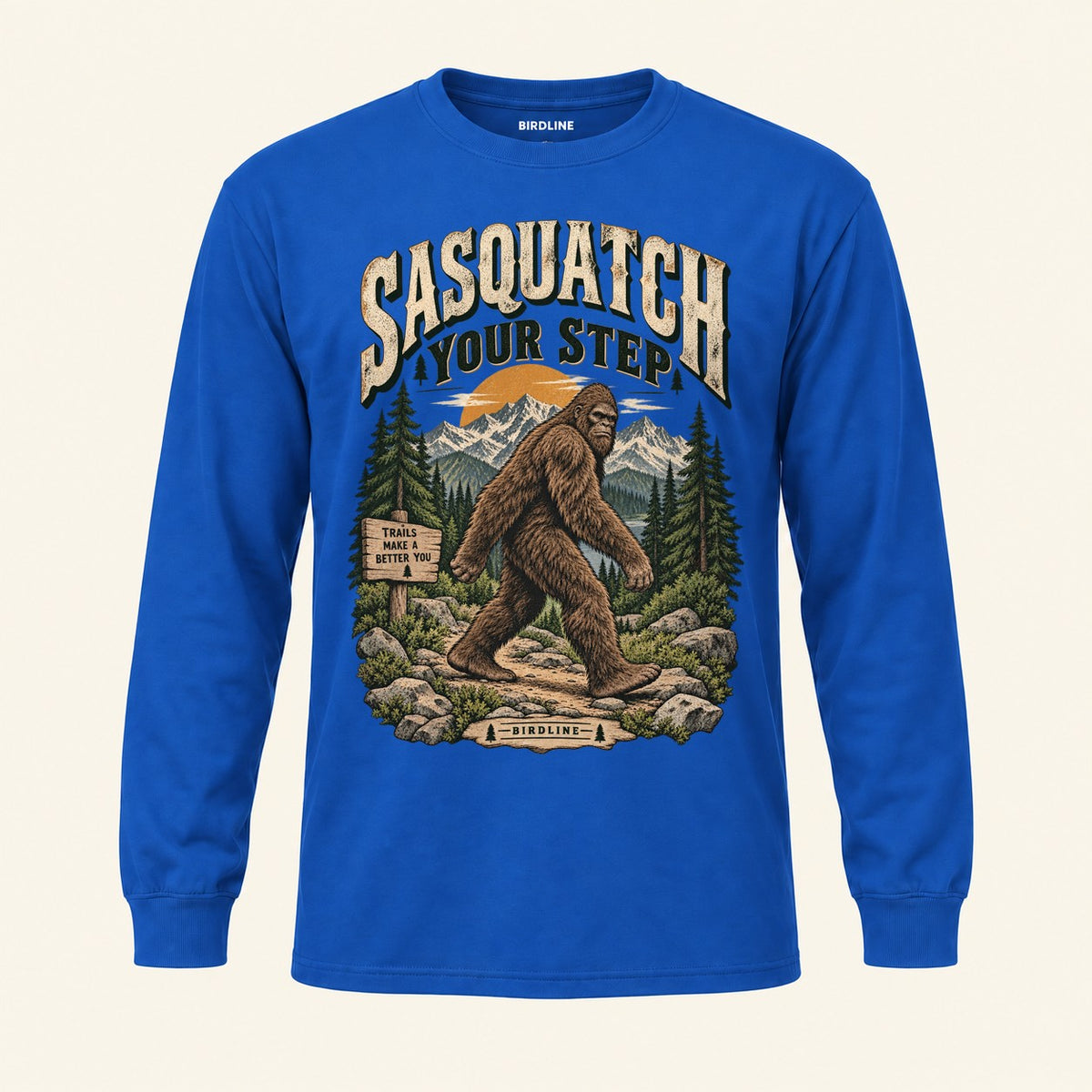 Sasquatch Your Step Long Sleeve Shirt in Royal, front view