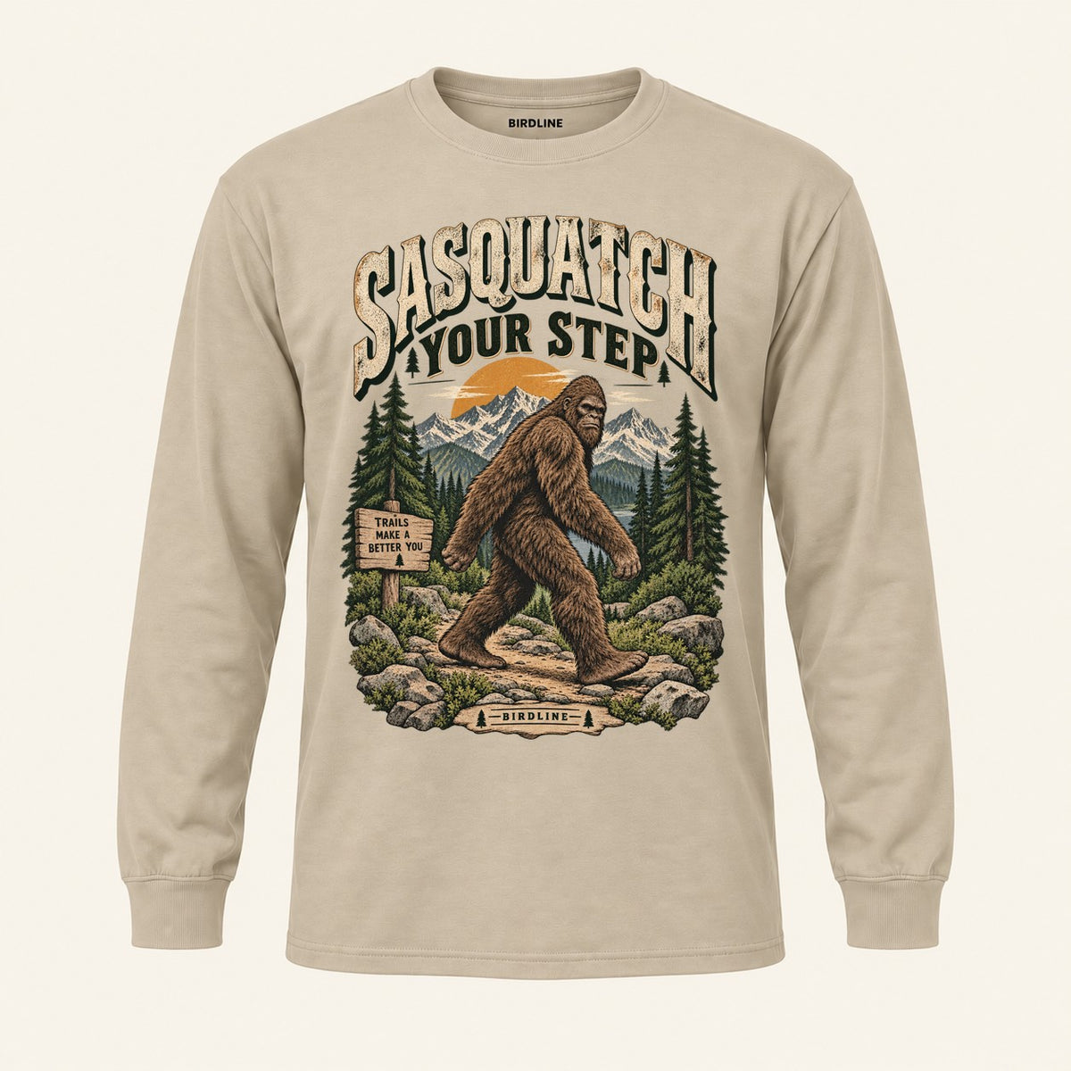 Sasquatch Your Step Long Sleeve Shirt in Sand, front view