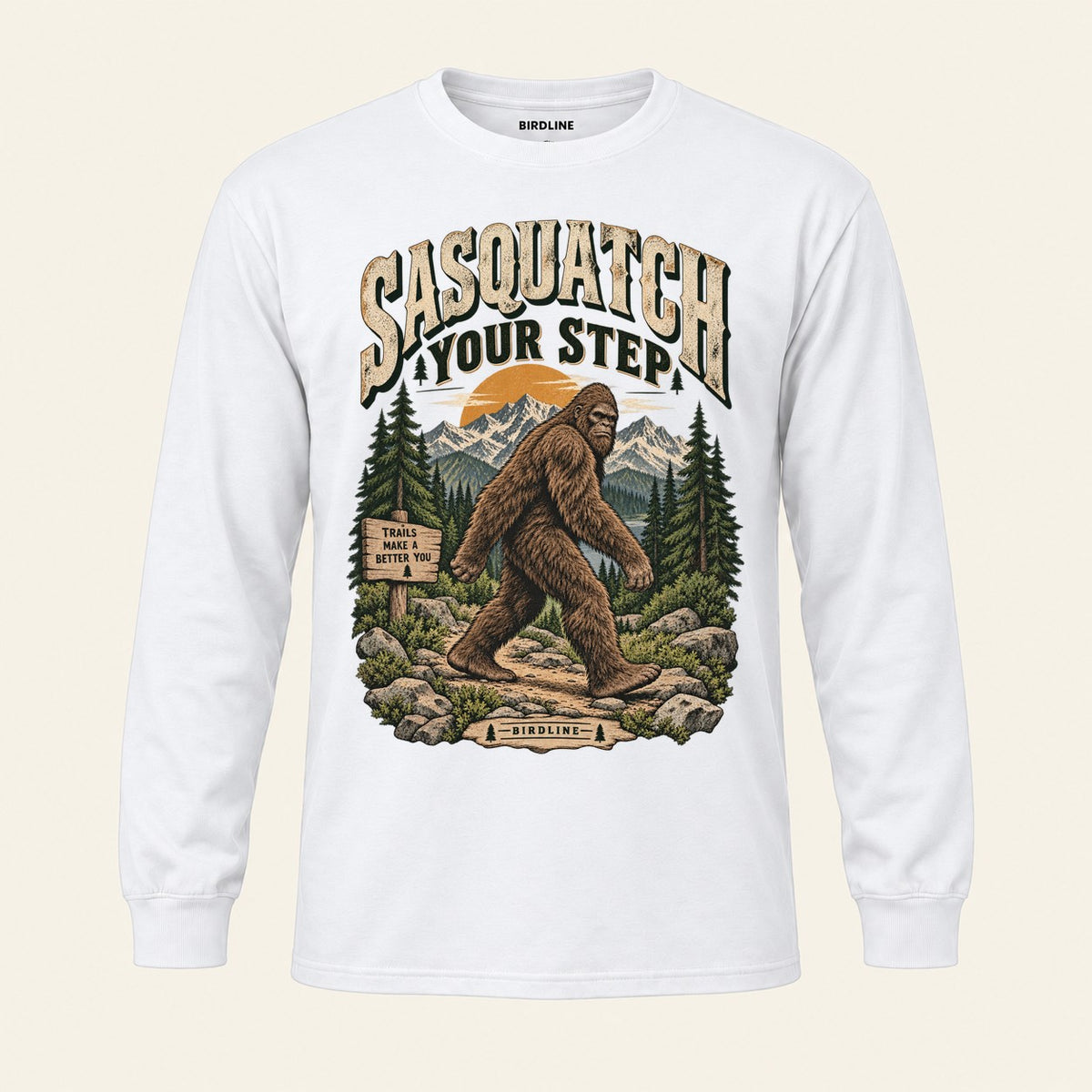 Sasquatch Your Step Long Sleeve Shirt in White, front view
