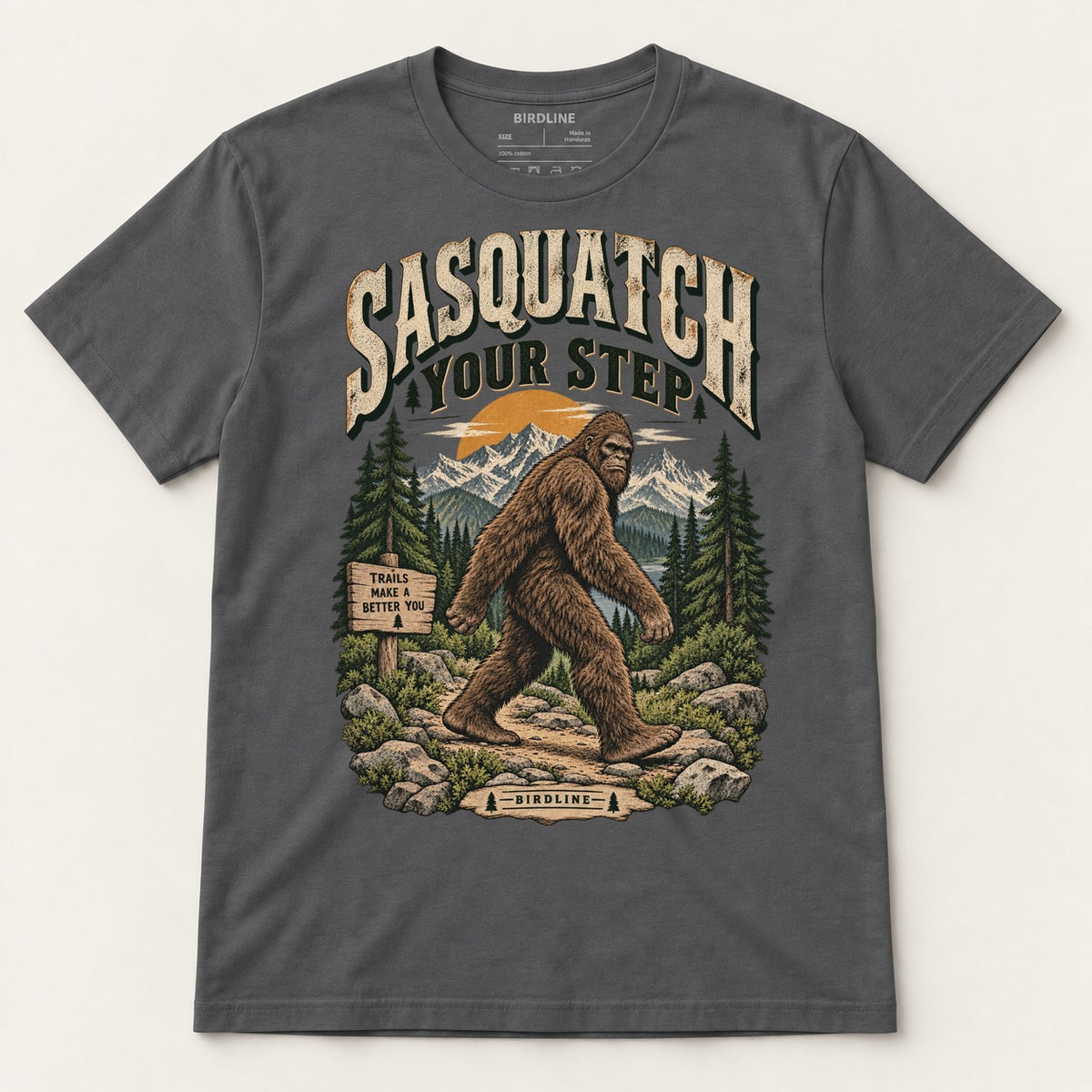 Sasquatch Your Step T-Shirt in Charcoal, front view
