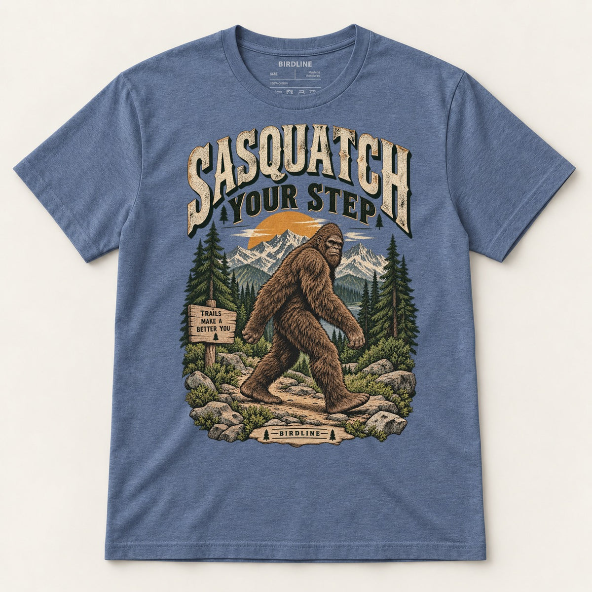 Sasquatch Your Step T-Shirt in Heather Indigo, front view