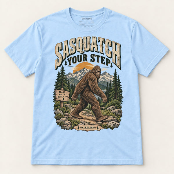 Sasquatch Your Step T-Shirt in Light Blue, front view