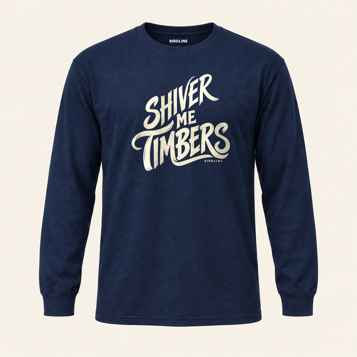 Shiver Me Timbers Long Sleeve Shirt in Navy, front view premium-quality garment detail