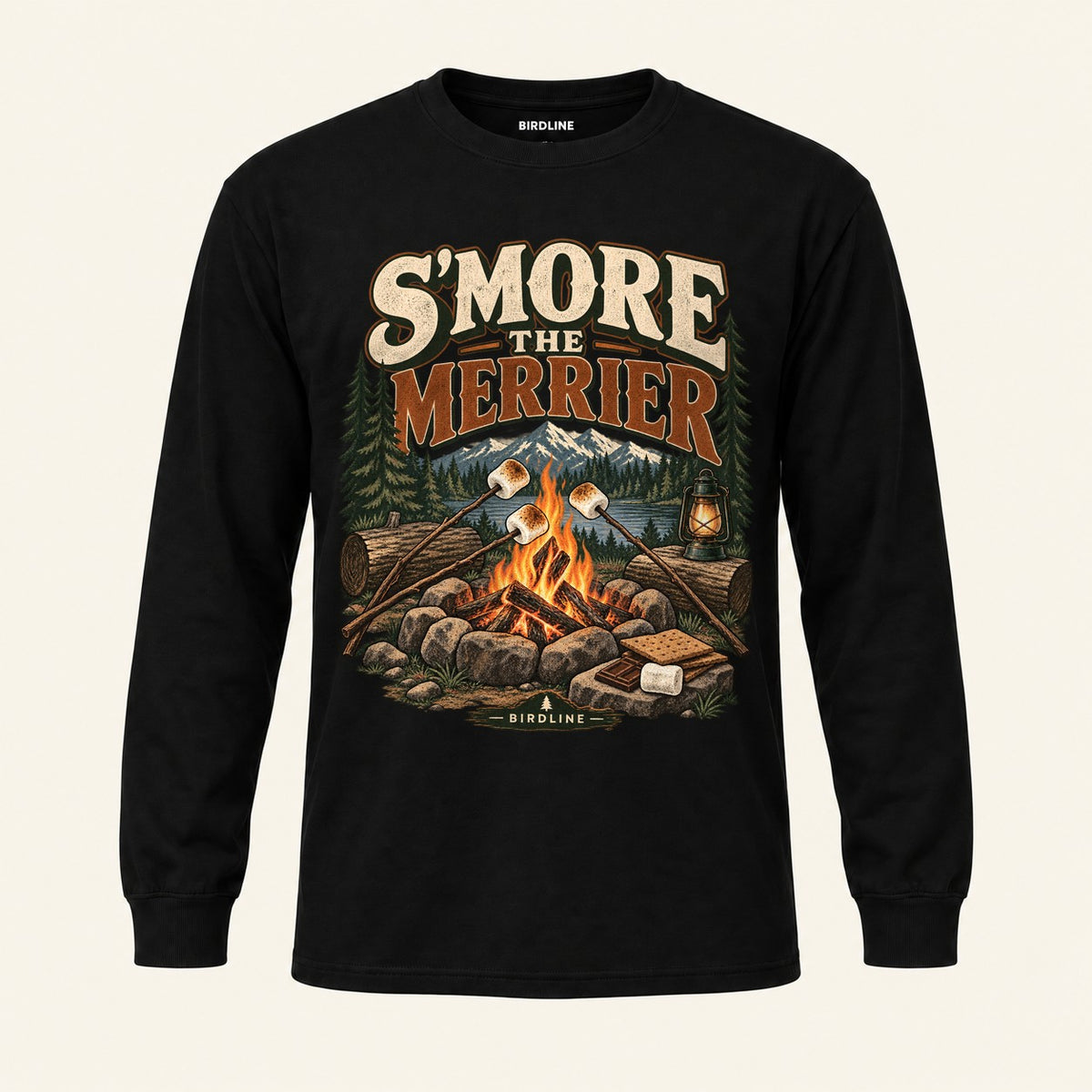 S'more The Merrier Long Sleeve Shirt in Black, front view premium-quality garment detail